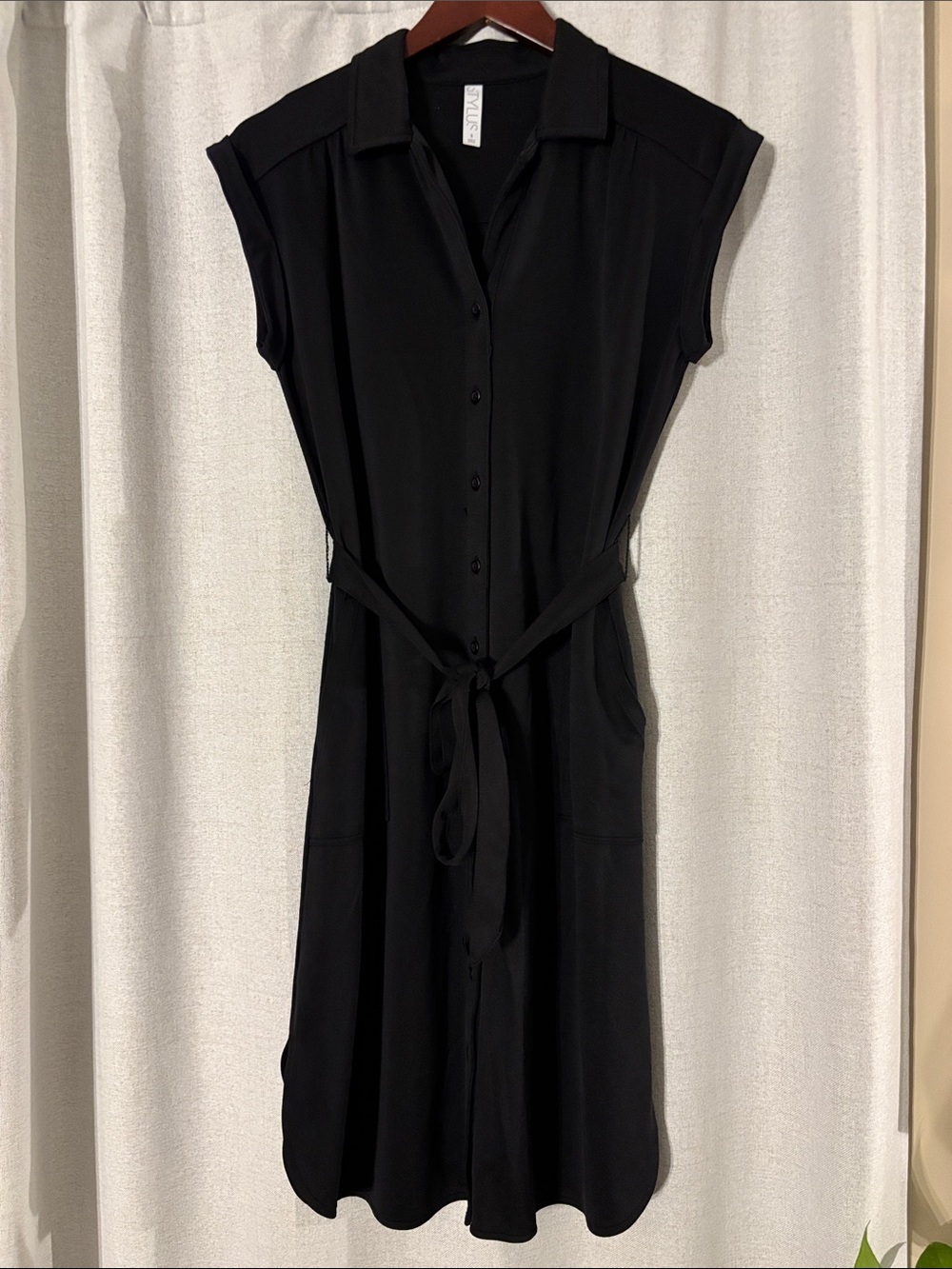 Black Midi Shirt Dress with Tie Waist